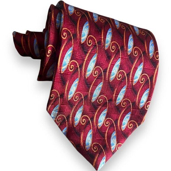 Villa Bolgheri Men's Silk Necktie 4” Wide Red Blue Geometric Print Made in Italy - Picture 1 of 3